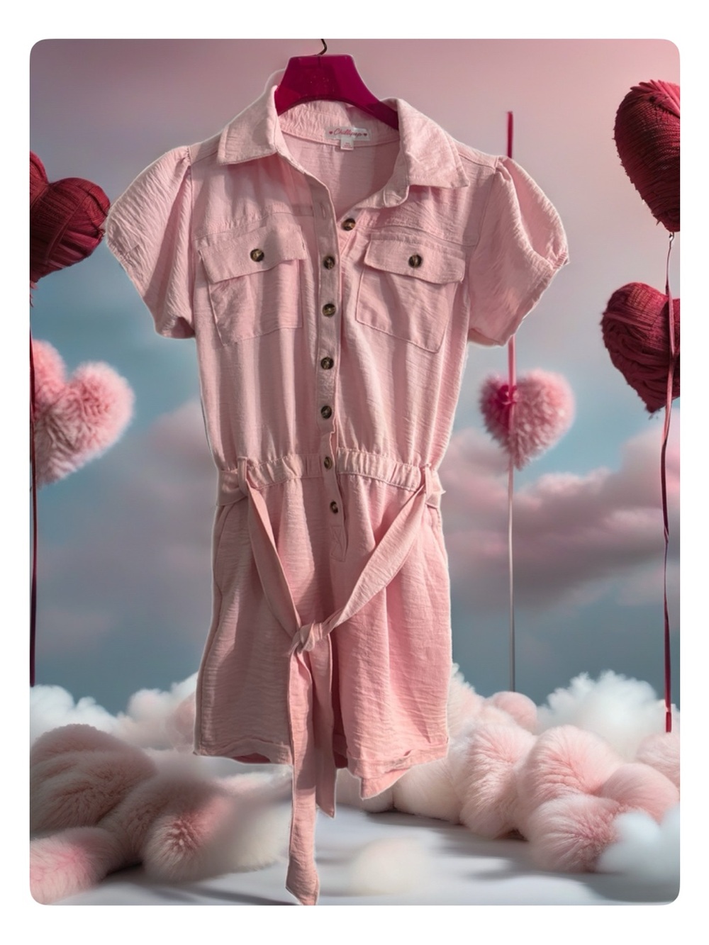 Girls' Pink Button-Front Romper with Tie Waist - Kids